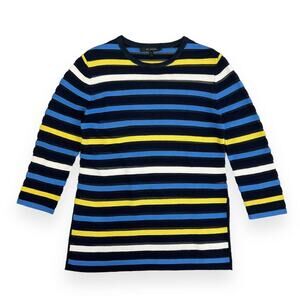 St. John Wool Blend Knit Navy Blue Yellow White Striped Top Womens Size P / XS